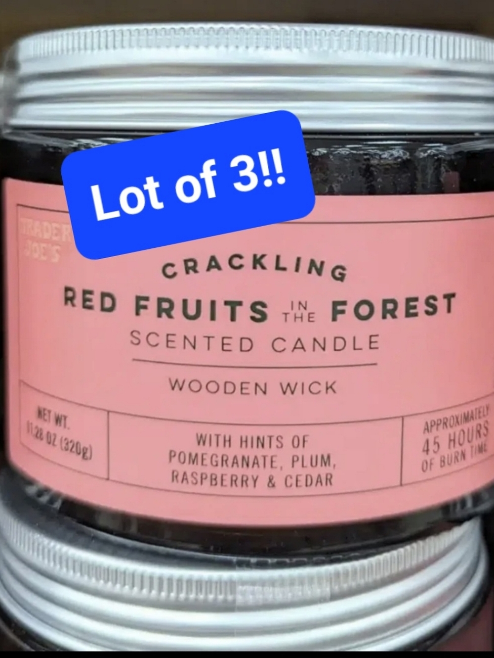 Lot of 3 Trader Joes Crackling Red Fruit In The Froest Candles with Wooden Wick